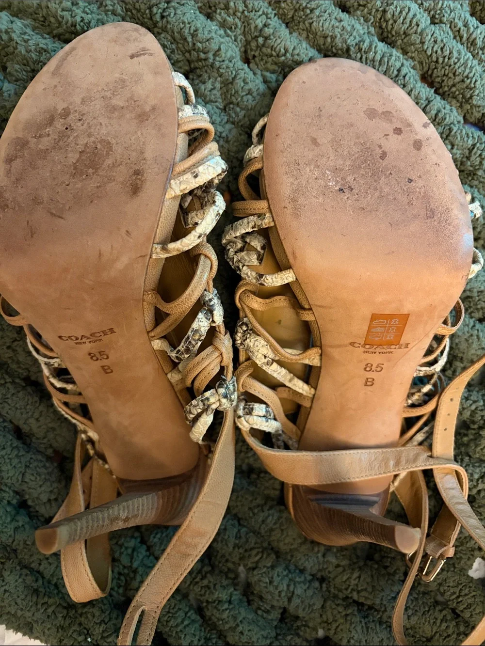 Coach Tan Strappy High Heel Sandals with Snakeskin Accents